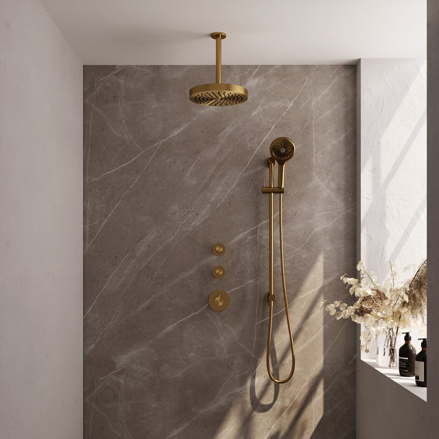 BRAUER Stripe thermostatische inbouw regendouche SET 12 met 25 cm douchekop en plafondarm en 3-standen handdouche en doucheslang en geïntegreerde glijstang goud geborsteld PVD 5-GG-387