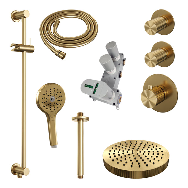 BRAUER Stripe thermostatische inbouw regendouche SET 12 met 25 cm douchekop en plafondarm en 3-standen handdouche en doucheslang en geïntegreerde glijstang goud geborsteld PVD 5-GG-387