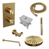 BRAUER Stripe thermostatische inbouw regendouche 3-weg rechthoekig SET 14 met 25 cm douchekop en gebogen muurarm en staaf handdouche en doucheslang en wandaansluitbocht goud geborsteld PVD 5-GG-391
