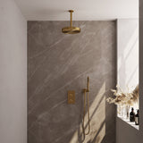 BRAUER Stripe thermostatische inbouw regendouche 3-weg rechthoekig SET 15 met 25 cm douchekop en plafondarm en staaf handdouche en doucheslang en wandaansluitbocht goud geborsteld PVD 5-GG-393