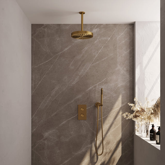 BRAUER Stripe thermostatische inbouw regendouche 3-weg rechthoekig SET 15 met 25 cm douchekop en plafondarm en staaf handdouche en doucheslang en wandaansluitbocht goud geborsteld PVD 5-GG-393