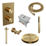BRAUER Stripe thermostatische inbouw regendouche 3-weg rechthoekig SET 15 met 25 cm douchekop en plafondarm en staaf handdouche en doucheslang en wandaansluitbocht goud geborsteld PVD 5-GG-393