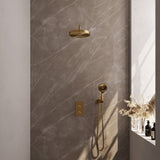 BRAUER Stripe thermostatische inbouw regendouche 3-weg rechthoekig SET 17 met 25 cm douchekop en gebogen muurarm en 3-standen handdouche en doucheslang en wandaansluitbocht goud geborsteld PVD 5-GG-397