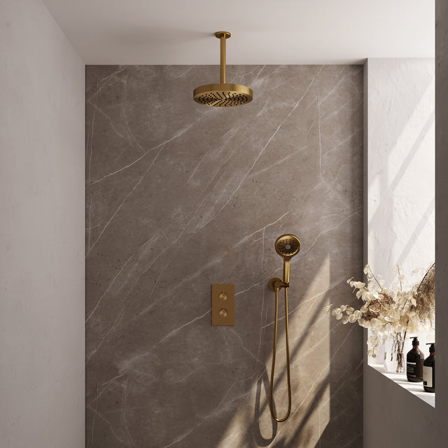 BRAUER Stripe thermostatische inbouw regendouche 3-weg rechthoekig SET 18 met 25 cm douchekop en plafondarm en 3-standen handdouche en doucheslang en wandaansluitbocht goud geborsteld PVD 5-GG-399