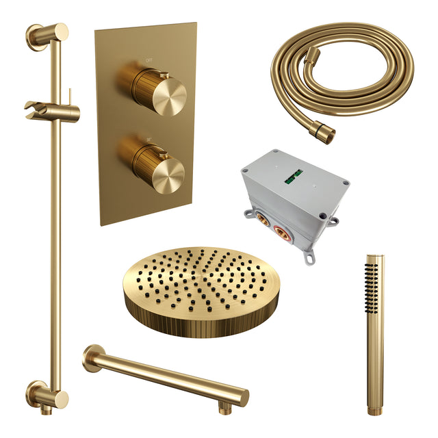 BRAUER Stripe thermostatische inbouw regendouche 3-weg rechthoekig SET 19 met 25 cm douchekop en rechte muurarm en staaf handdouche en doucheslang en geïntegreerde glijstang goud geborsteld PVD 5-GG-401