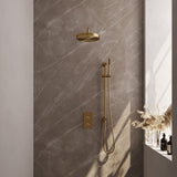 BRAUER Stripe thermostatische inbouw regendouche 3-weg rechthoekig SET 20 met 25 cm douchekop en gebogen muurarm en staaf handdouche en doucheslang en geïntegreerde glijstang goud geborsteld PVD 5-GG-403