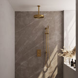 BRAUER Stripe thermostatische inbouw regendouche 3-weg rechthoekig SET 21 met 25 cm douchekop en plafondarm en staaf handdouche en doucheslang en geïntegreerde glijstang goud geborsteld PVD 5-GG-405