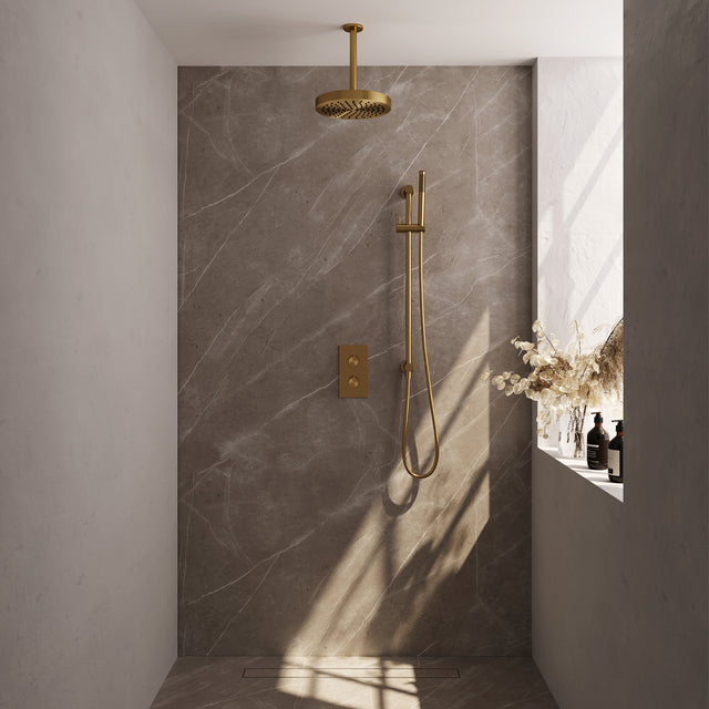 BRAUER Stripe thermostatische inbouw regendouche 3-weg rechthoekig SET 21 met 25 cm douchekop en plafondarm en staaf handdouche en doucheslang en geïntegreerde glijstang goud geborsteld PVD 5-GG-405