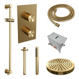 BRAUER Stripe thermostatische inbouw regendouche 3-weg rechthoekig SET 21 met 25 cm douchekop en plafondarm en staaf handdouche en doucheslang en geïntegreerde glijstang goud geborsteld PVD 5-GG-405