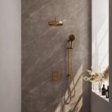 BRAUER Stripe thermostatische inbouw regendouche 3-weg rechthoekig SET 23 met 25 cm douchekop en gebogen muurarm en 3-standen handdouche en doucheslang en geïntegreerde glijstang goud geborsteld PVD 5-GG-409