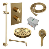 BRAUER Stripe thermostatische inbouw regendouche 3-weg rechthoekig SET 23 met 25 cm douchekop en gebogen muurarm en 3-standen handdouche en doucheslang en geïntegreerde glijstang goud geborsteld PVD 5-GG-409