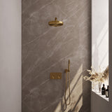 BRAUER Stripe thermostatische inbouw regendouche met drukknoppen SET 25 met 25 cm douchekop en rechte muurarm en staaf handdouche en doucheslang en wandaansluitbocht goud geborsteld PVD 5-GG-413