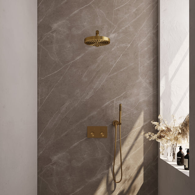 BRAUER Stripe thermostatische inbouw regendouche met drukknoppen SET 25 met 25 cm douchekop en rechte muurarm en staaf handdouche en doucheslang en wandaansluitbocht goud geborsteld PVD 5-GG-413