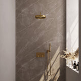 BRAUER Stripe thermostatische inbouw regendouche met drukknoppen SET 26 met 25 cm douchekop en gebogen muurarm en staaf handdouche en doucheslang en wandaansluitbocht goud geborsteld PVD 5-GG-415