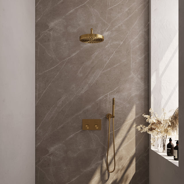 BRAUER Stripe thermostatische inbouw regendouche met drukknoppen SET 26 met 25 cm douchekop en gebogen muurarm en staaf handdouche en doucheslang en wandaansluitbocht goud geborsteld PVD 5-GG-415