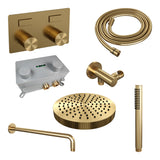 BRAUER Stripe thermostatische inbouw regendouche met drukknoppen SET 26 met 25 cm douchekop en gebogen muurarm en staaf handdouche en doucheslang en wandaansluitbocht goud geborsteld PVD 5-GG-415