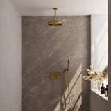 BRAUER Stripe thermostatische inbouw regendouche met drukknoppen SET 27 met 25 cm douchekop en plafondarm en staaf handdouche en doucheslang en wandaansluitbocht goud geborsteld PVD 5-GG-417