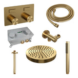 BRAUER Stripe thermostatische inbouw regendouche met drukknoppen SET 27 met 25 cm douchekop en plafondarm en staaf handdouche en doucheslang en wandaansluitbocht goud geborsteld PVD 5-GG-417