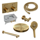 BRAUER Stripe thermostatische inbouw regendouche met drukknoppen SET 28 met 25 cm douchekop en rechte muurarm en 3-standen handdouche en doucheslang en wandaansluitbocht goud geborsteld PVD 5-GG-419