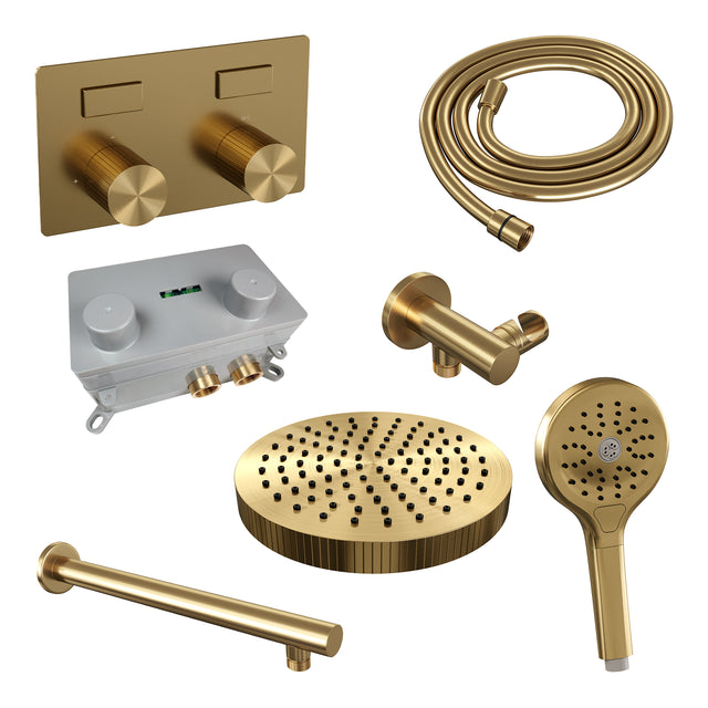 BRAUER Stripe thermostatische inbouw regendouche met drukknoppen SET 28 met 25 cm douchekop en rechte muurarm en 3-standen handdouche en doucheslang en wandaansluitbocht goud geborsteld PVD 5-GG-419