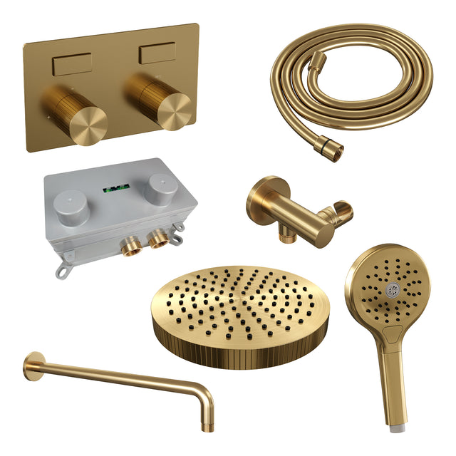 BRAUER Stripe thermostatische inbouw regendouche met drukknoppen SET 29 met 25 cm douchekop en gebogen muurarm en 3-standen handdouche en doucheslang en wandaansluitbocht goud geborsteld PVD 5-GG-421