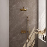 BRAUER Stripe thermostatische inbouw regendouche met drukknoppen SET 31 met 25 cm douchekop en rechte muurarm en staaf handdouche en doucheslang en geïntegreerde glijstang goud geborsteld PVD 5-GG-425