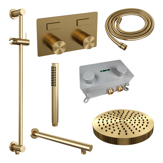 BRAUER Stripe thermostatische inbouw regendouche met drukknoppen SET 31 met 25 cm douchekop en rechte muurarm en staaf handdouche en doucheslang en geïntegreerde glijstang goud geborsteld PVD 5-GG-425