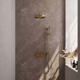 BRAUER Stripe thermostatische inbouw regendouche met drukknoppen SET 32 met 25 cm douchekop en gebogen muurarm en staaf handdouche en doucheslang en geïntegreerde glijstang goud geborsteld PVD 5-GG-427