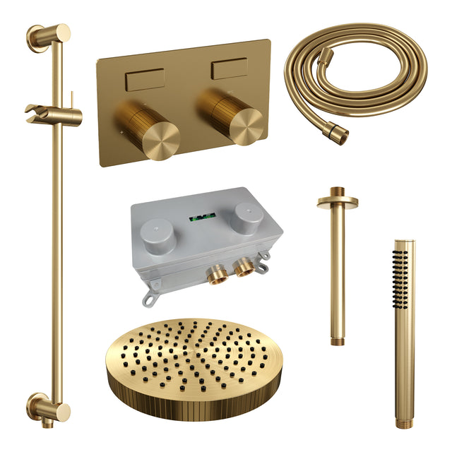 BRAUER Stripe thermostatische inbouw regendouche met drukknoppen SET 33 met 25 cm douchekop en plafondarm en staaf handdouche en doucheslang en geïntegreerde glijstang goud geborsteld PVD 5-GG-429