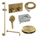 BRAUER Stripe thermostatische inbouw regendouche met drukknoppen SET 35 met 25 cm douchekop en gebogen muurarm en 3-standen handdouche en doucheslang en geïntegreerde glijstang goud geborsteld PVD 5-GG-433