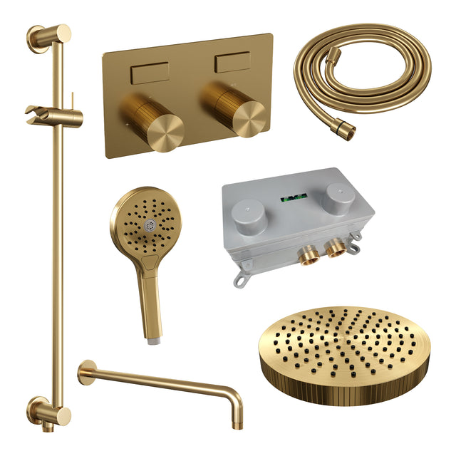 BRAUER Stripe thermostatische inbouw regendouche met drukknoppen SET 35 met 25 cm douchekop en gebogen muurarm en 3-standen handdouche en doucheslang en geïntegreerde glijstang goud geborsteld PVD 5-GG-433