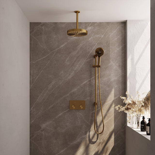BRAUER Stripe thermostatische inbouw regendouche met drukknoppen SET 36 met 25 cm douchekop en plafondarm en 3-standen handdouche en doucheslang en geïntegreerde glijstang goud geborsteld PVD 5-GG-435