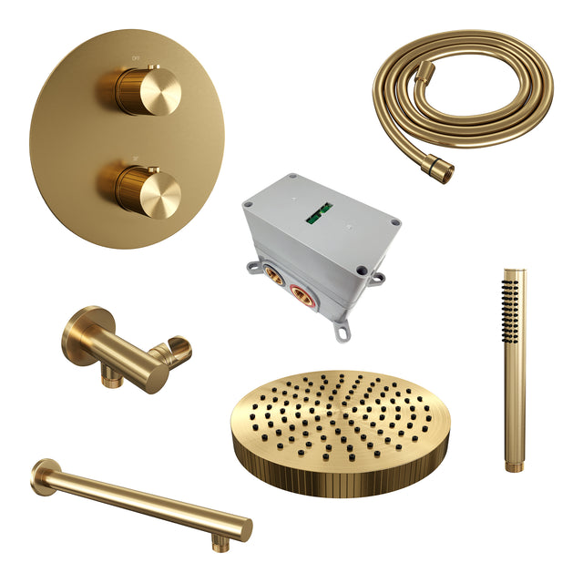 BRAUER Stripe thermostatische inbouw regendouche 3-weg rond SET 37 met 25 cm douchekop en rechte muurarm en staaf handdouche en doucheslang en wandaansluitbocht goud geborsteld PVD 5-GG-437