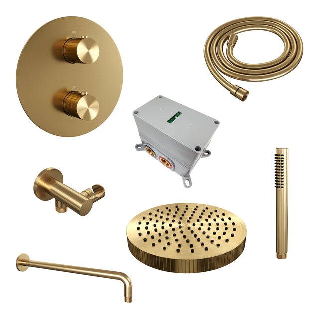 BRAUER Stripe thermostatische inbouw regendouche 3-weg rond SET 38 met 25 cm douchekop en gebogen muurarm en staaf handdouche en doucheslang en wandaansluitbocht goud geborsteld PVD 5-GG-439