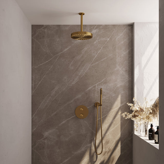BRAUER Stripe thermostatische inbouw regendouche 3-weg rond SET 39 met 25 cm douchekop en plafondarm en staaf handdouche en doucheslang en wandaansluitbocht goud geborsteld PVD 5-GG-441
