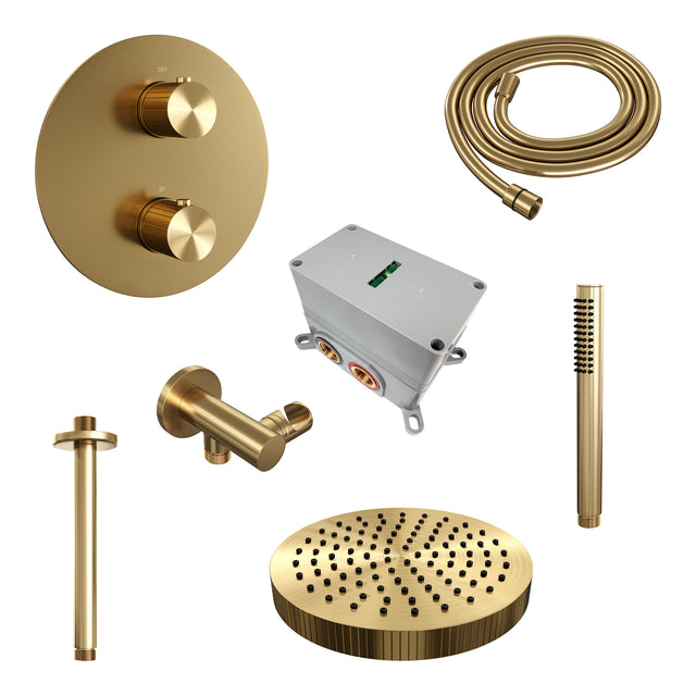 BRAUER Stripe thermostatische inbouw regendouche 3-weg rond SET 39 met 25 cm douchekop en plafondarm en staaf handdouche en doucheslang en wandaansluitbocht goud geborsteld PVD 5-GG-441