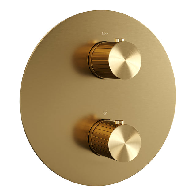 BRAUER Stripe thermostatische inbouw regendouche 3-weg rond SET 39 met 25 cm douchekop en plafondarm en staaf handdouche en doucheslang en wandaansluitbocht goud geborsteld PVD 5-GG-441