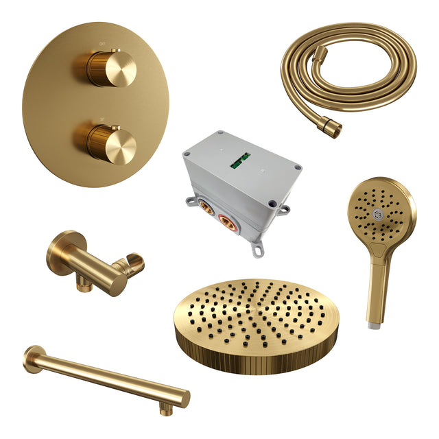 BRAUER Stripe thermostatische inbouw regendouche 3-weg rond SET 40 met 25 cm douchekop en rechte muurarm en 3-standen handdouche en doucheslang en wandaansluitbocht goud geborsteld PVD 5-GG-443