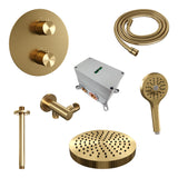 BRAUER Stripe thermostatische inbouw regendouche 3-weg rond SET 42 met 25 cm douchekop en plafondarm en 3-standen handdouche en doucheslang en wandaansluitbocht goud geborsteld PVD 5-GG-447