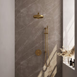 BRAUER Stripe thermostatische inbouw regendouche 3-weg rond SET 43 met 25 cm douchekop en rechte muurarm en staaf handdouche en doucheslang en geïntegreerde glijstang goud geborsteld PVD 5-GG-449