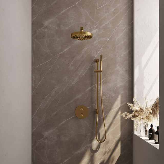 BRAUER Stripe thermostatische inbouw regendouche 3-weg rond SET 43 met 25 cm douchekop en rechte muurarm en staaf handdouche en doucheslang en geïntegreerde glijstang goud geborsteld PVD 5-GG-449