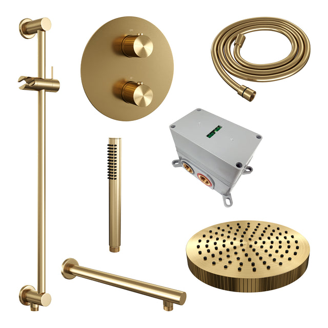 BRAUER Stripe thermostatische inbouw regendouche 3-weg rond SET 43 met 25 cm douchekop en rechte muurarm en staaf handdouche en doucheslang en geïntegreerde glijstang goud geborsteld PVD 5-GG-449