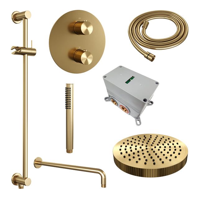 BRAUER Stripe thermostatische inbouw regendouche 3-weg rond SET 44 met 25 cm douchekop en gebogen muurarm en staaf handdouche en doucheslang en geïntegreerde glijstang goud geborsteld PVD 5-GG-451