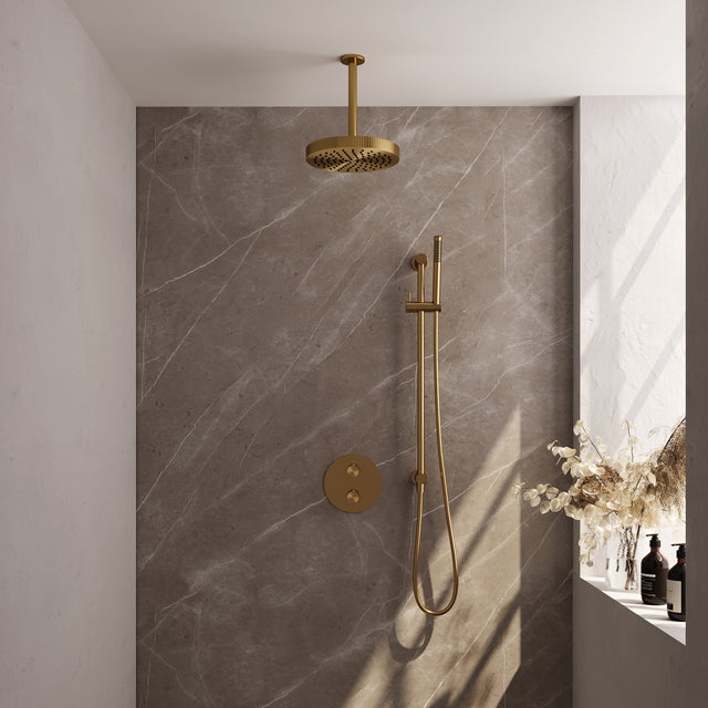 BRAUER Stripe thermostatische inbouw regendouche 3-weg rond SET 45 met 25 cm douchekop en plafondarm en staaf handdouche en doucheslang en geïntegreerde glijstang goud geborsteld PVD 5-GG-453