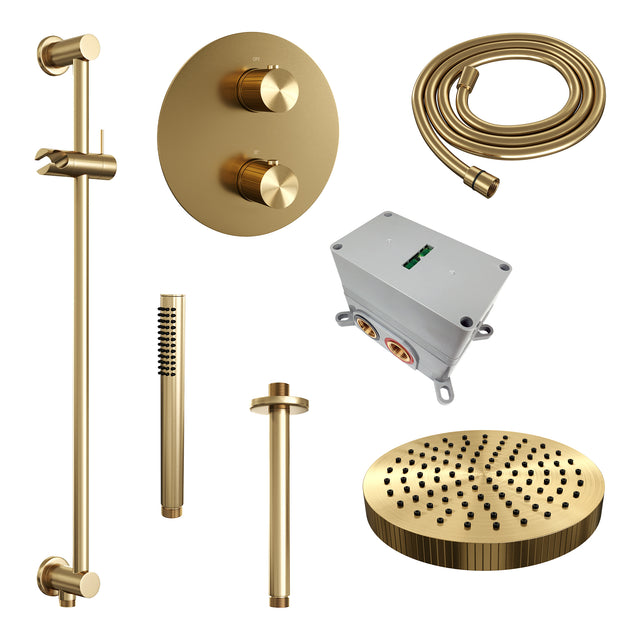 BRAUER Stripe thermostatische inbouw regendouche 3-weg rond SET 45 met 25 cm douchekop en plafondarm en staaf handdouche en doucheslang en geïntegreerde glijstang goud geborsteld PVD 5-GG-453