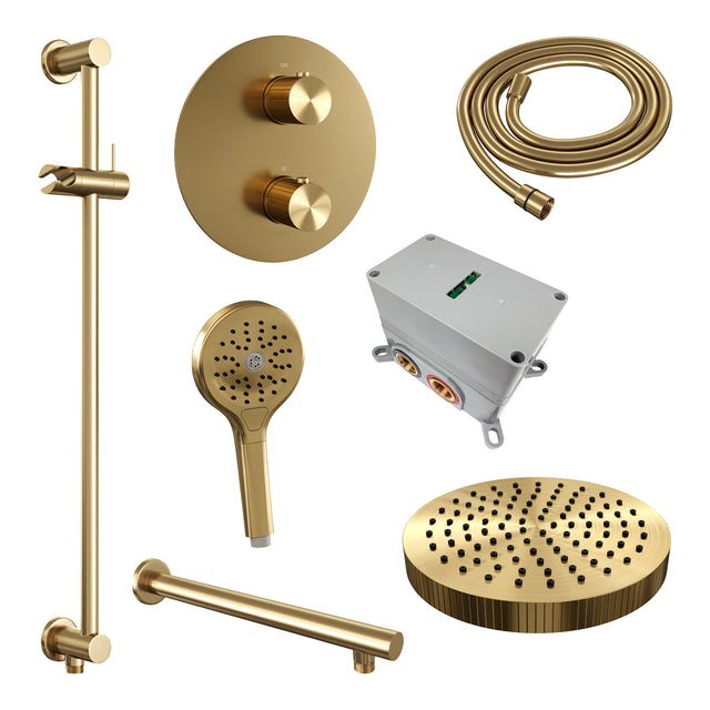 BRAUER Stripe thermostatische inbouw regendouche 3-weg rond SET 46 met 25 cm douchekop en rechte muurarm en 3-standen handdouche en doucheslang en geïntegreerde glijstang goud geborsteld PVD 5-GG-455