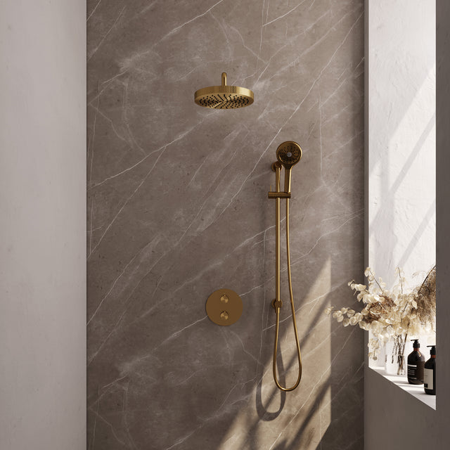 BRAUER Stripe thermostatische inbouw regendouche 3-weg rond SET 47 met 25 cm douchekop en gebogen muurarm en 3-standen handdouche en doucheslang en geïntegreerde glijstang goud geborsteld PVD 5-GG-457