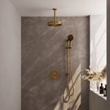BRAUER Stripe thermostatische inbouw regendouche 3-weg rond SET 48 met 25 cm douchekop en plafondarm en 3-standen handdouche en doucheslang en geïntegreerde glijstang goud geborsteld PVD 5-GG-459