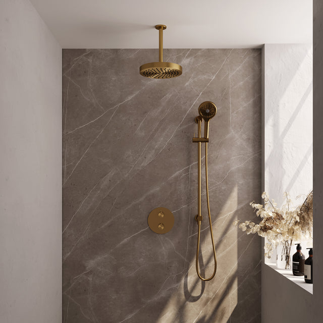 BRAUER Stripe thermostatische inbouw regendouche 3-weg rond SET 48 met 25 cm douchekop en plafondarm en 3-standen handdouche en doucheslang en geïntegreerde glijstang goud geborsteld PVD 5-GG-459