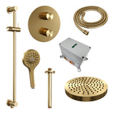 BRAUER Stripe thermostatische inbouw regendouche 3-weg rond SET 48 met 25 cm douchekop en plafondarm en 3-standen handdouche en doucheslang en geïntegreerde glijstang goud geborsteld PVD 5-GG-459